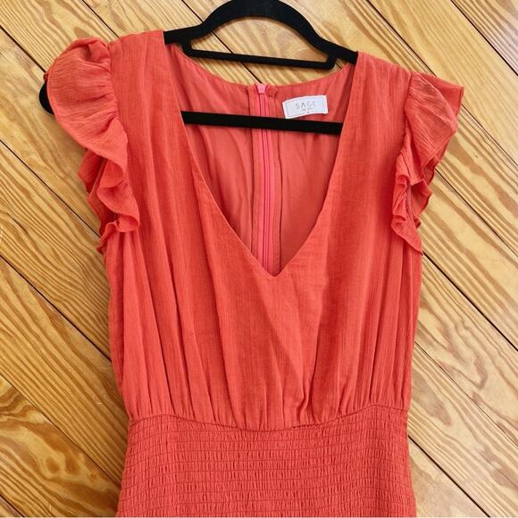 SAGE The Label Mini Dress Smocked Ruffle Orange - Picture 3 of 6